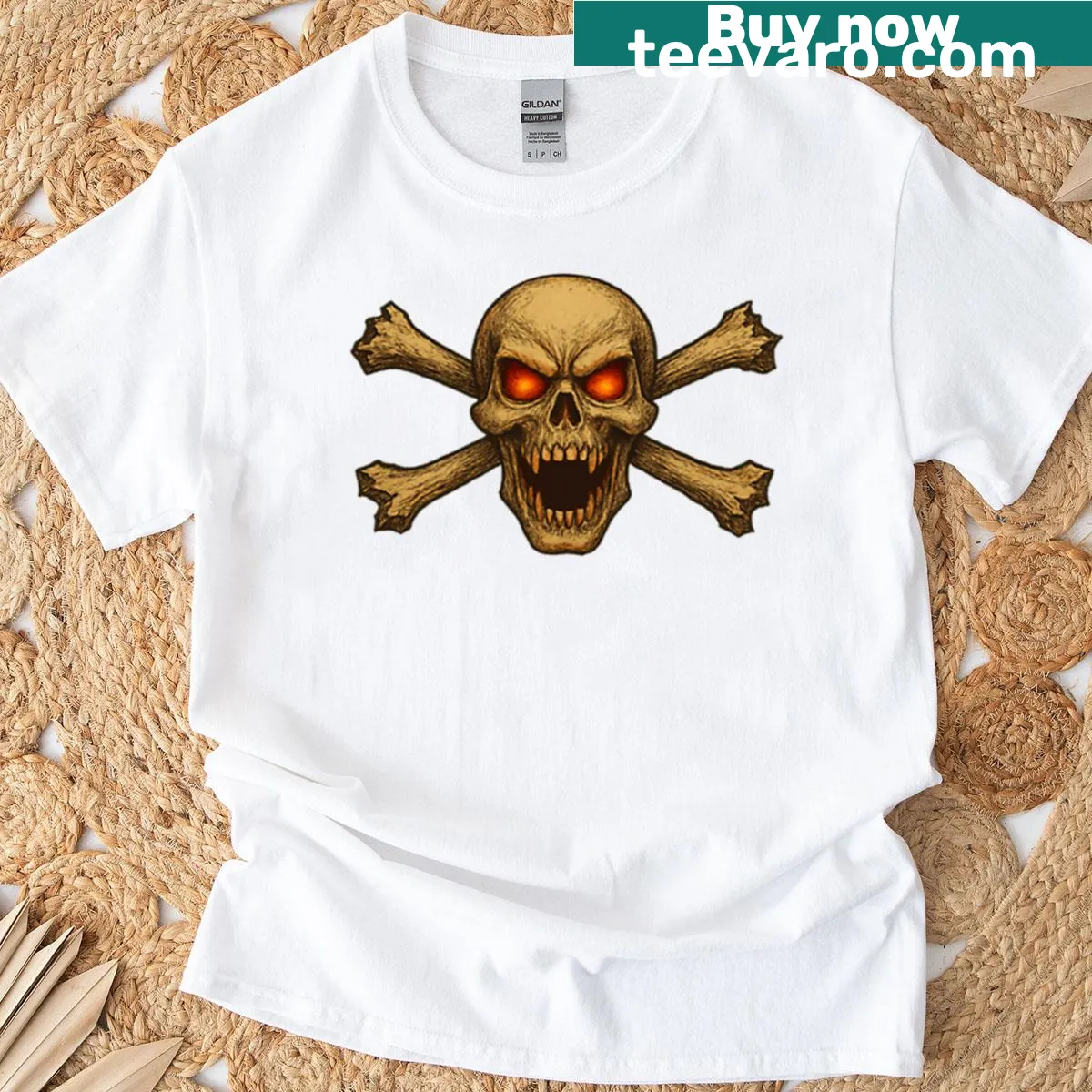 Illustration of an angry skull with Jolly Roger flag design — on a men's t-shirt