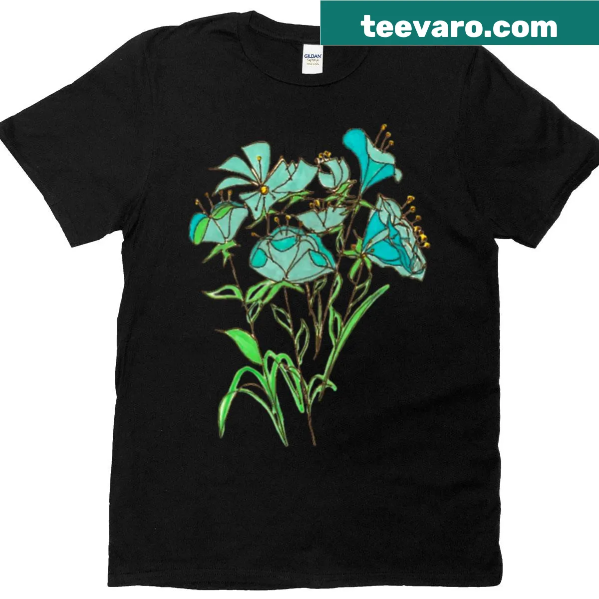 T-shirt with watercolor floral design of aqua botanicals — on a men's t-shirt