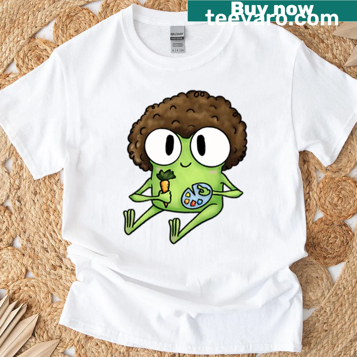 Illustrative T-shirt featuring a frog as an artist with a beret and paintbrush — on a men's t-shirt