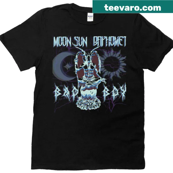 Intricate Baphomet illustration design on a dark-themed t-shirt