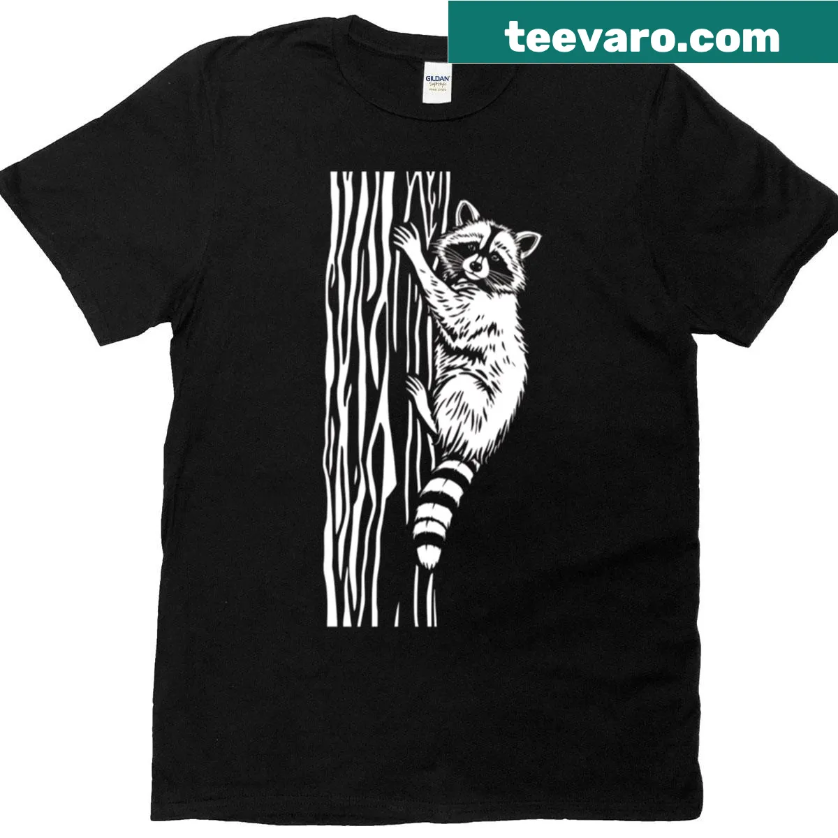 Raccoon illustration climbing a tree T-shirt design — on a men's t-shirt
