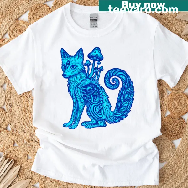 Cartoon-style T-shirt with a trippy mushroom, fern, and fox