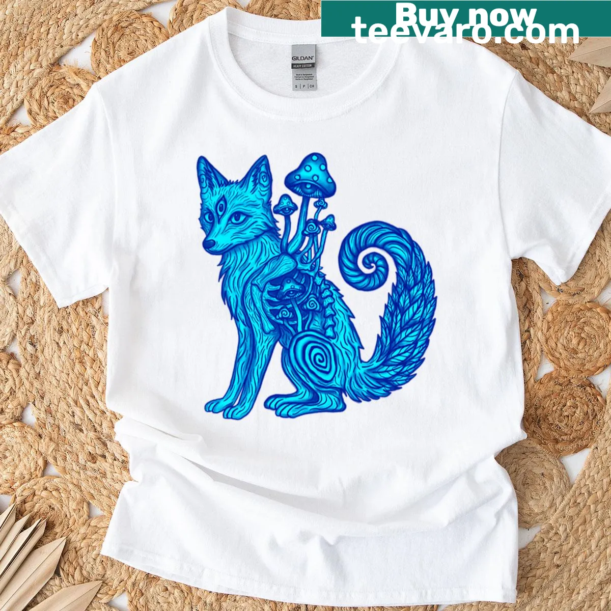 Cartoon-style T-shirt with a trippy mushroom, fern, and fox — on a men's t-shirt