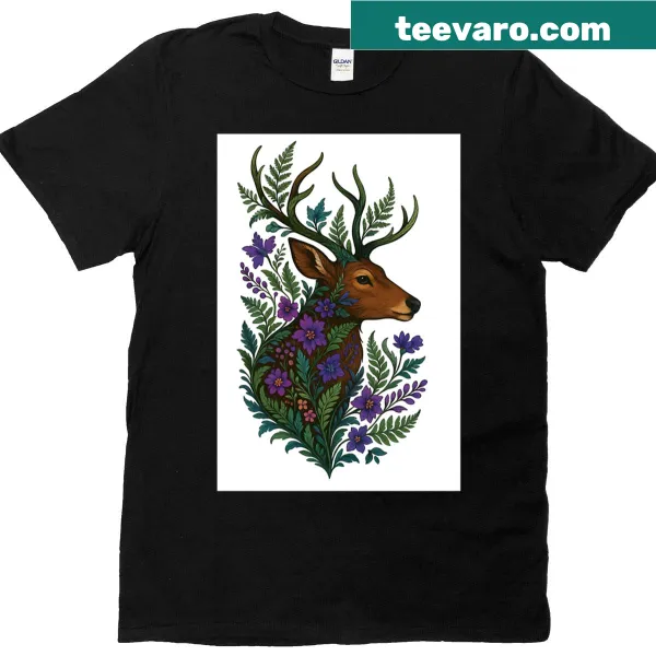 T-shirt featuring a stag with floral designs in a botanical illustration.