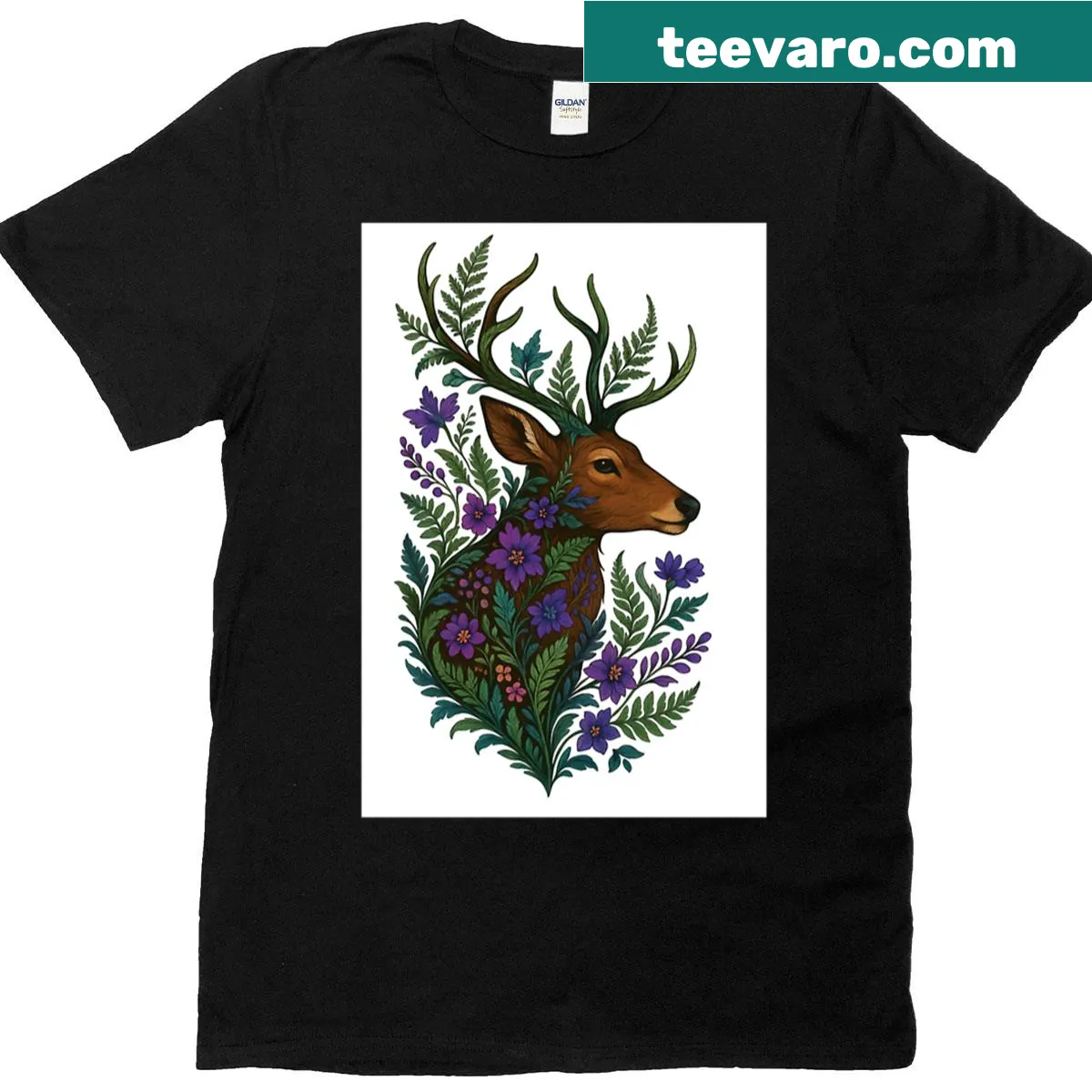 T-shirt featuring a stag with floral designs in a botanical illustration. — on a men's t-shirt