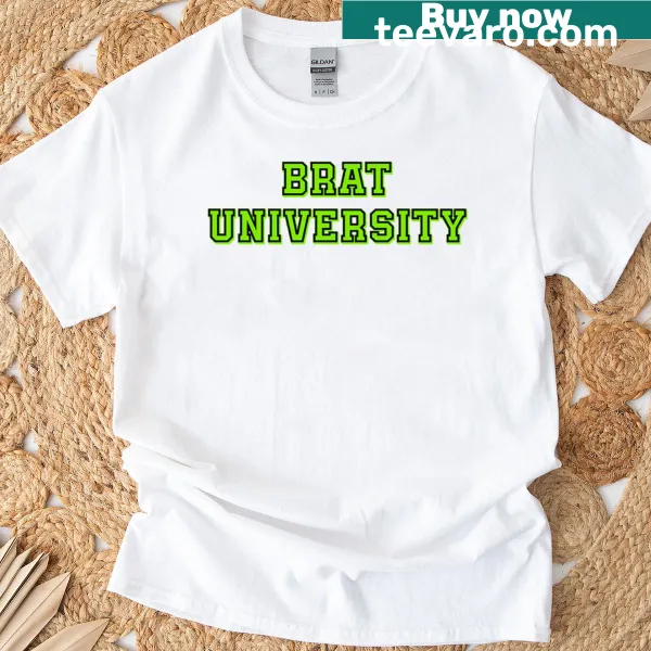 Bold text graphic saying 'Brat University' on an oversized T-shirt