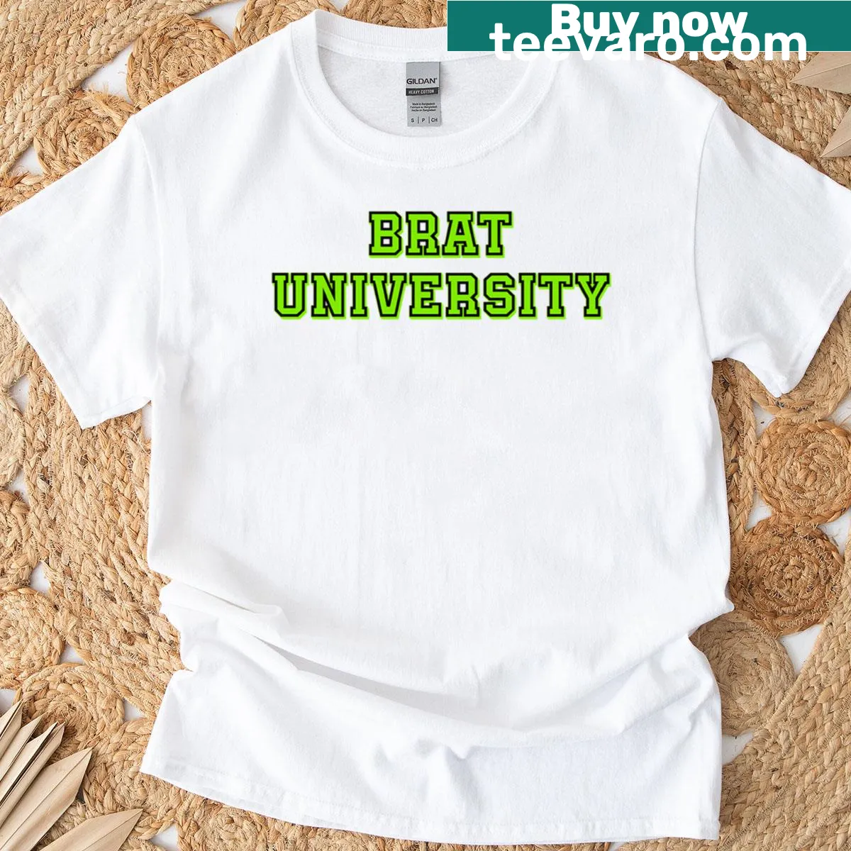 Bold text graphic saying 'Brat University' on an oversized T-shirt — on a men's t-shirt