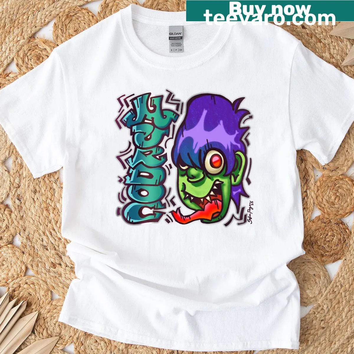 Humorous oversized T-shirt with a British ogre playing bass — on a men's t-shirt