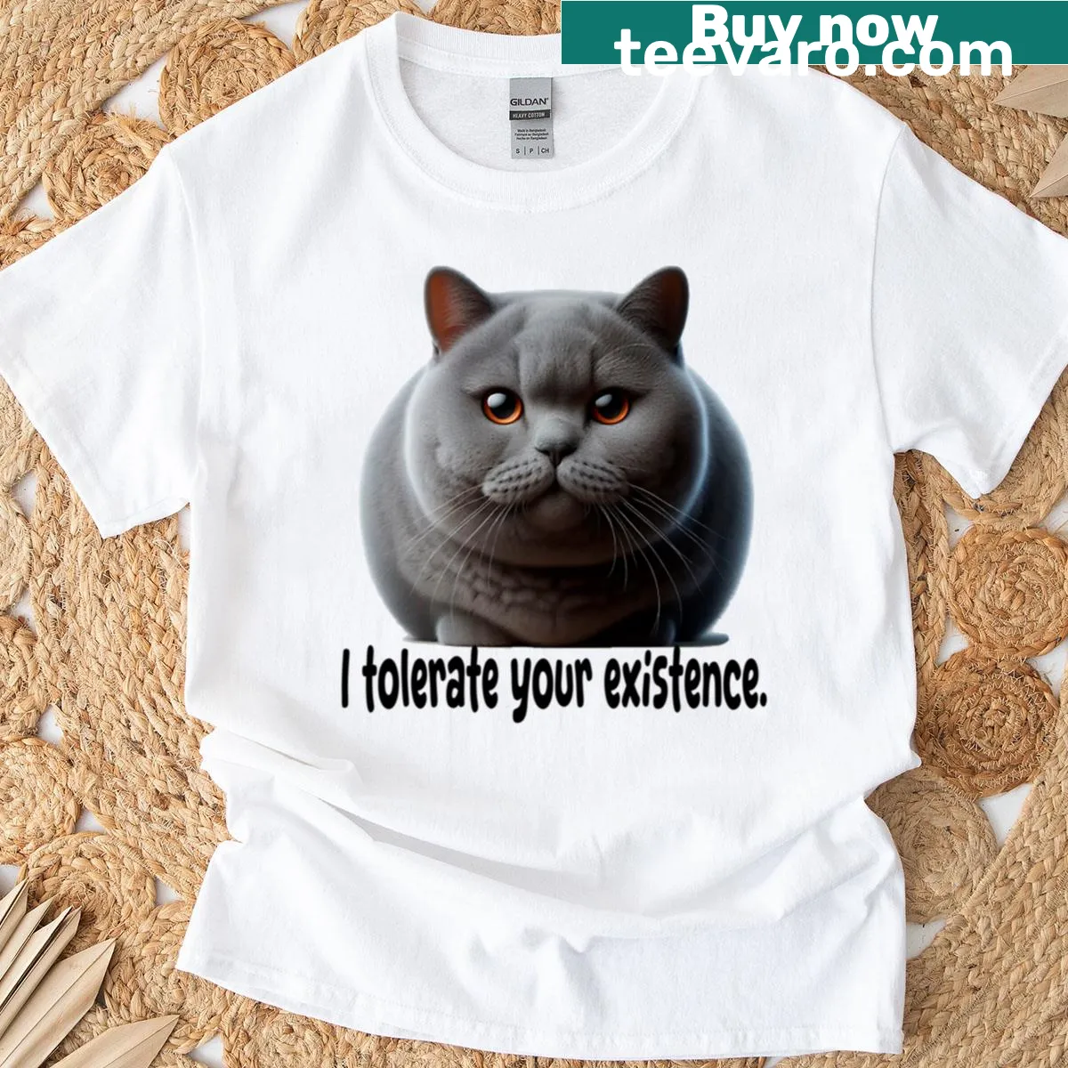 T-shirt displaying humorous text about tolerating existence with a cat theme — on a men's t-shirt