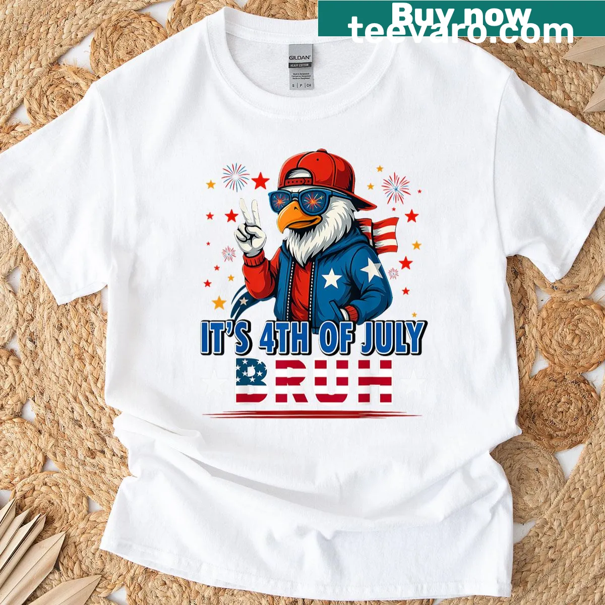 Cartoon bald eagle with humorous text for Fourth of July — on a men's t-shirt