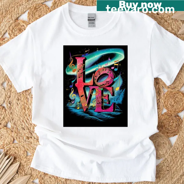Oversized t-shirt with whimsical typography celebrating celestial music and love