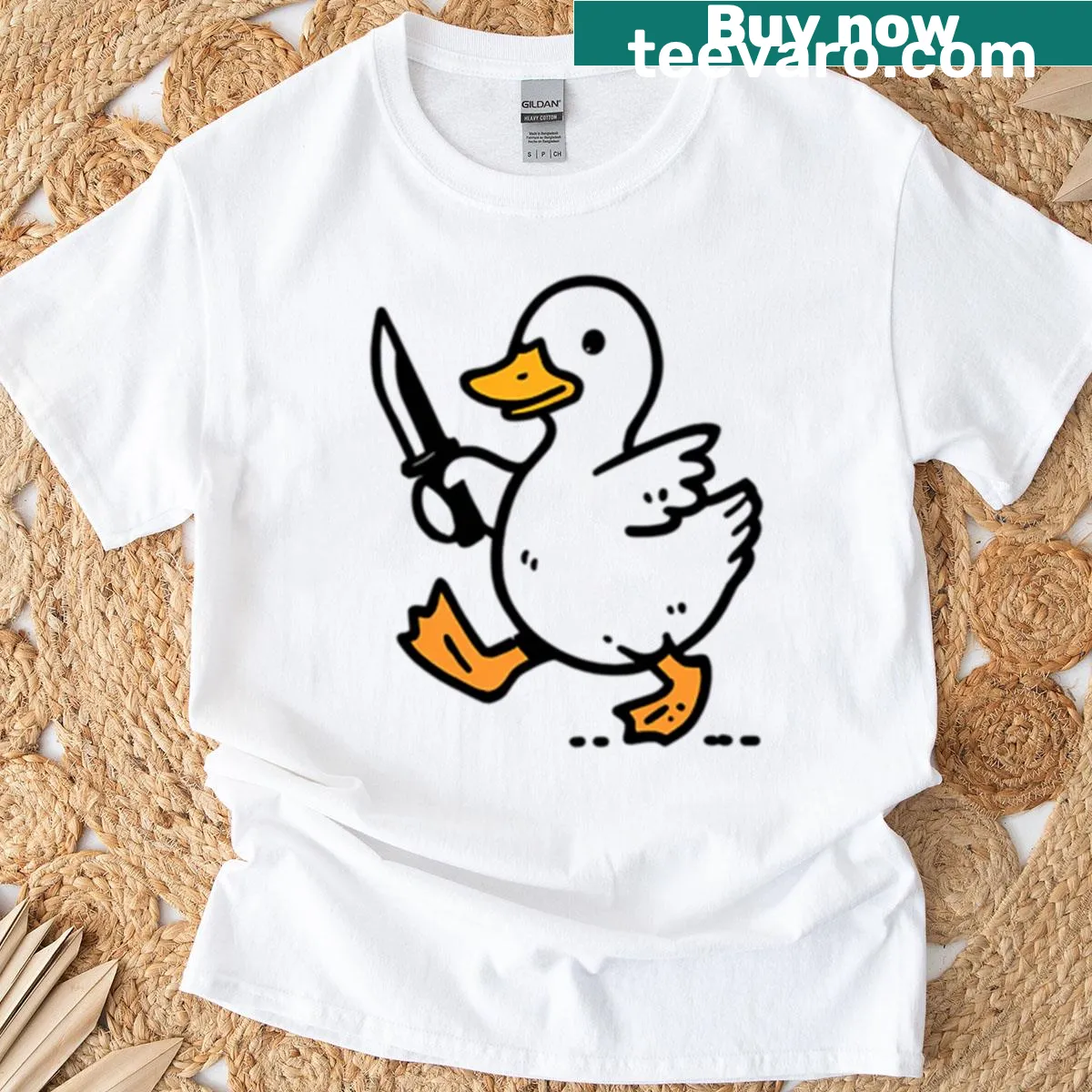 Oversized T-shirt featuring a cute yet chaotic duck with a knife — on a men's t-shirt