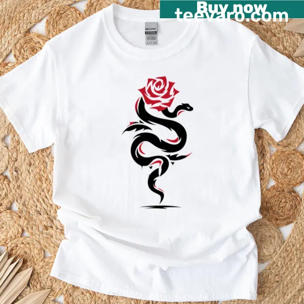 Oversized T-shirt with a coiled snake and rose vector tattoo design