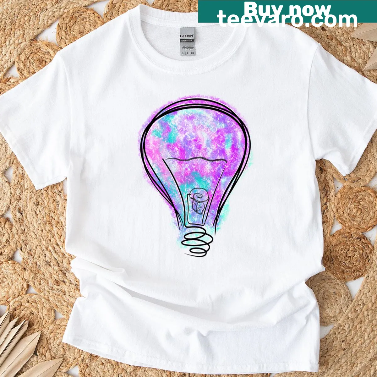 Illustrated lightbulb T-shirt with whimsical design — on a men's t-shirt