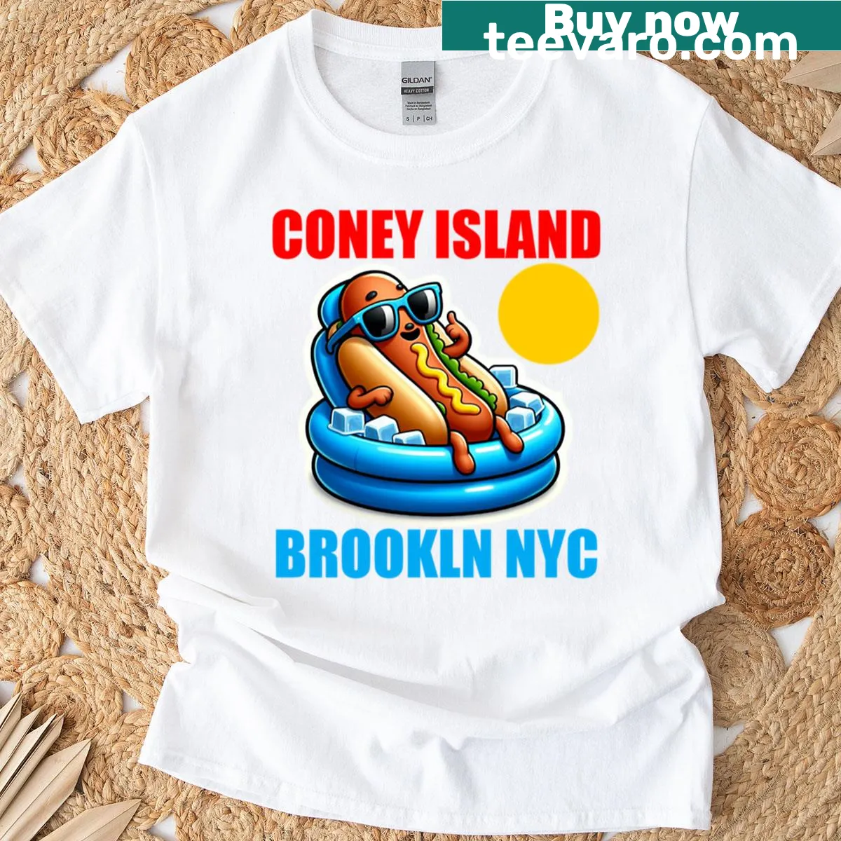 Oversized t-shirt featuring illustrations reminiscent of Coney Island. — on a men's t-shirt