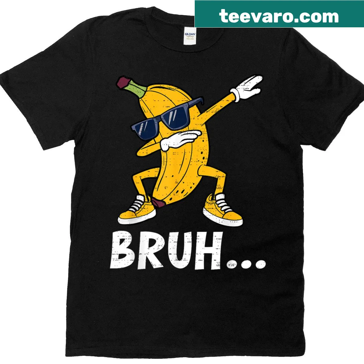 Cartoon dabbing banana graphic on T-shirt — on a men's t-shirt
