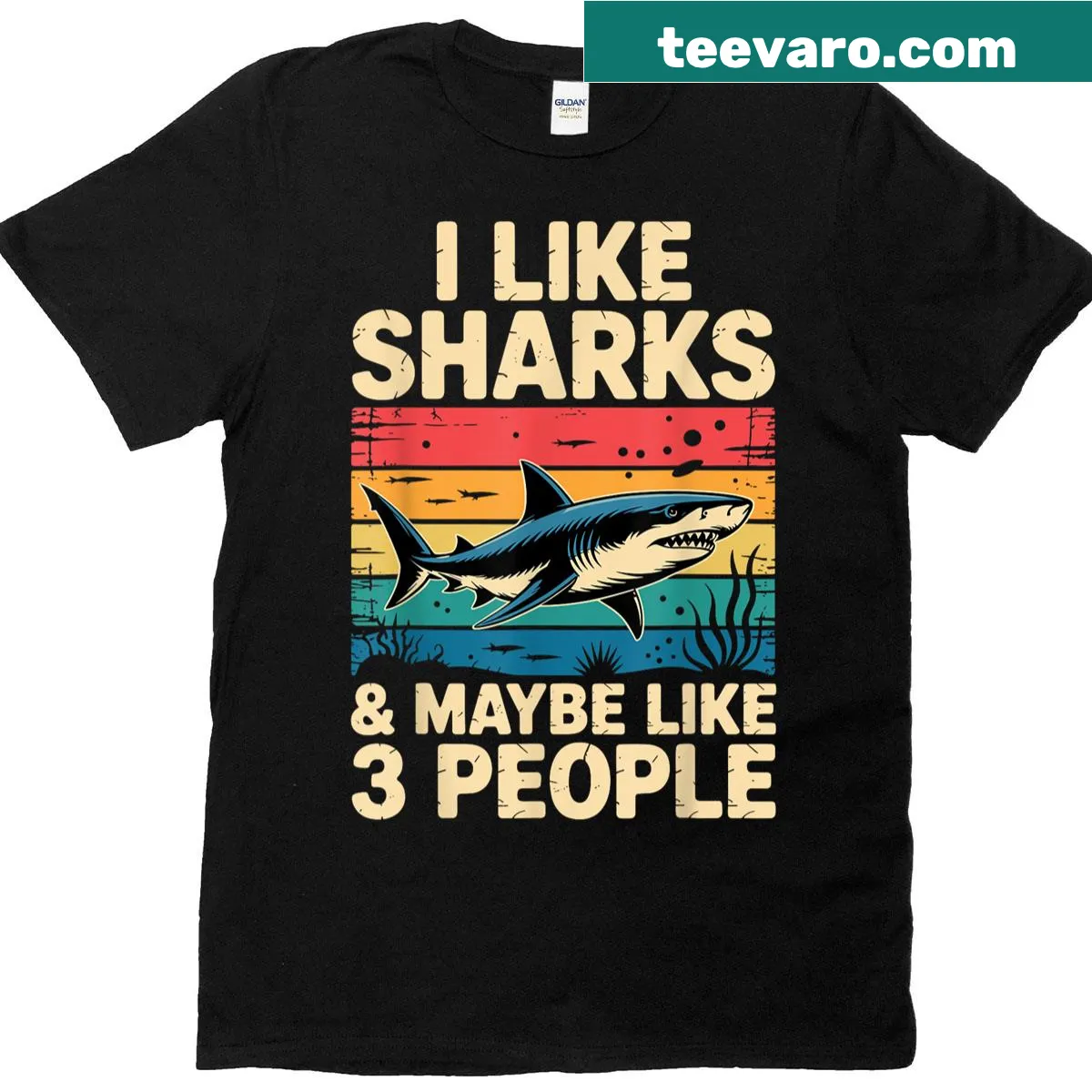 T-shirt featuring artistic design of great white and hammerhead sharks — on a men's t-shirt