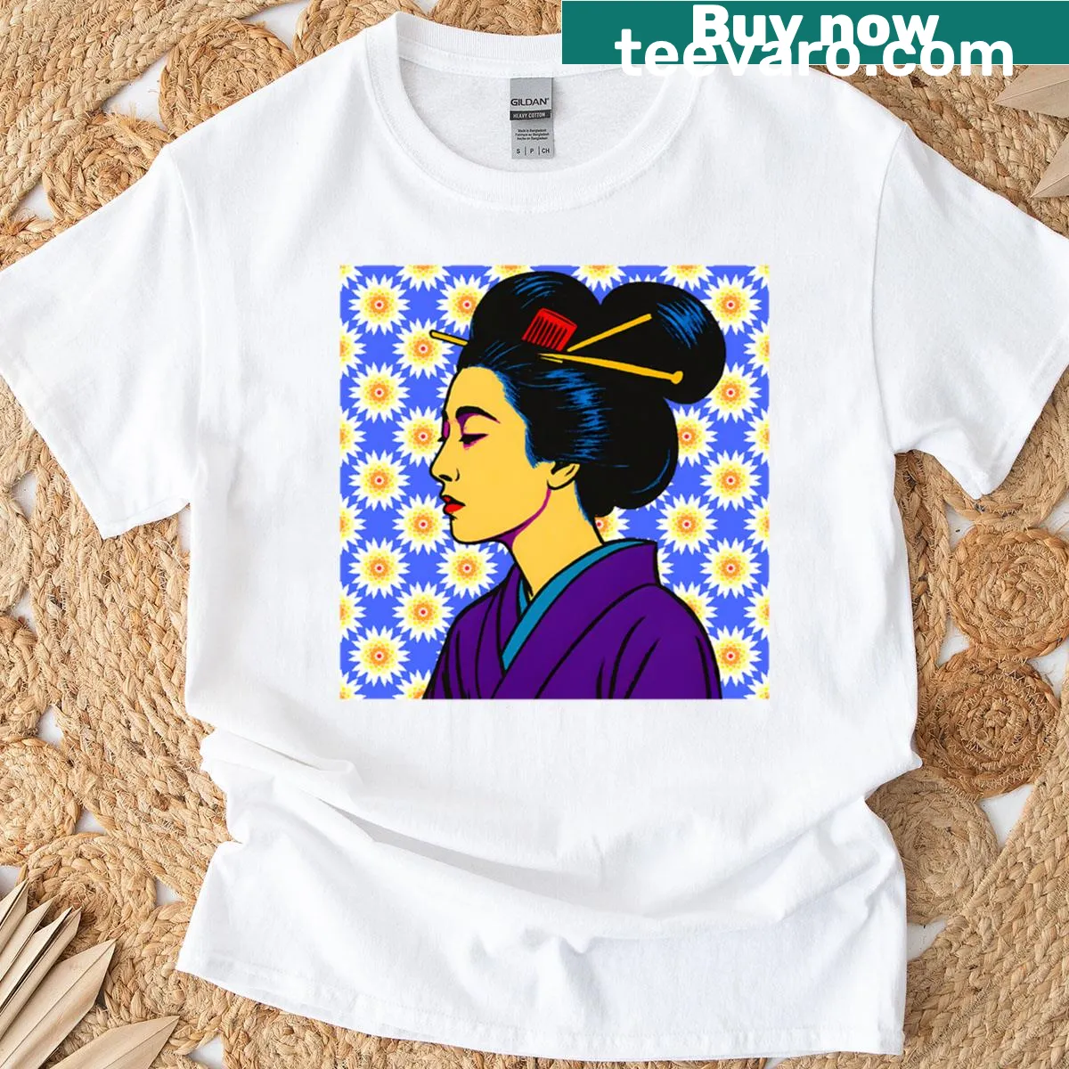 Pop art Geisha T-shirt featuring a purple kimono design — on a men's t-shirt