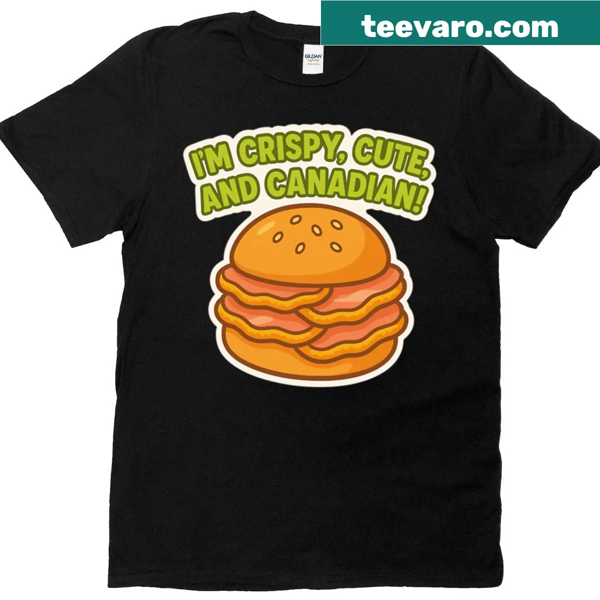 Cartoon depiction of a crispy Canadian peameal bacon sandwich — on a men's t-shirt