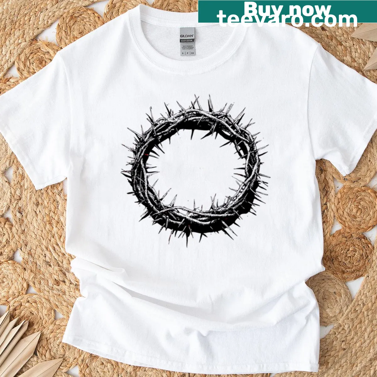 Crown Of Thorns T-shirt featuring a bold warning wire halo emblem — on a men's t-shirt