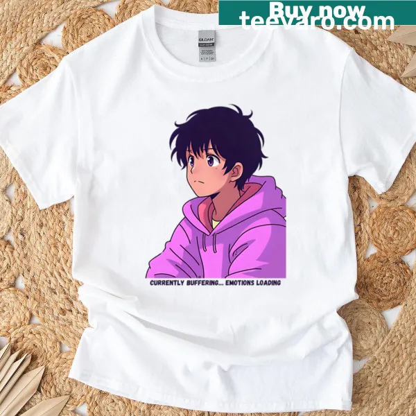 Anime boy graphic t-shirt depicting buffering emotions