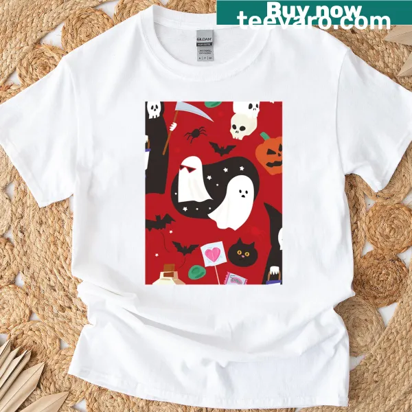 Cute Halloween t-shirt featuring a ghost and grim reaper design.