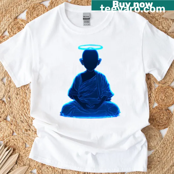 Futuristic T-shirt featuring a glowing android in lotus pose