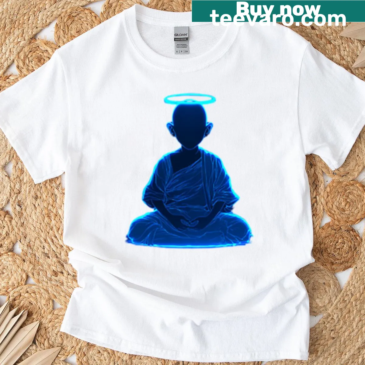 Futuristic T-shirt featuring a glowing android in lotus pose — on a men's t-shirt