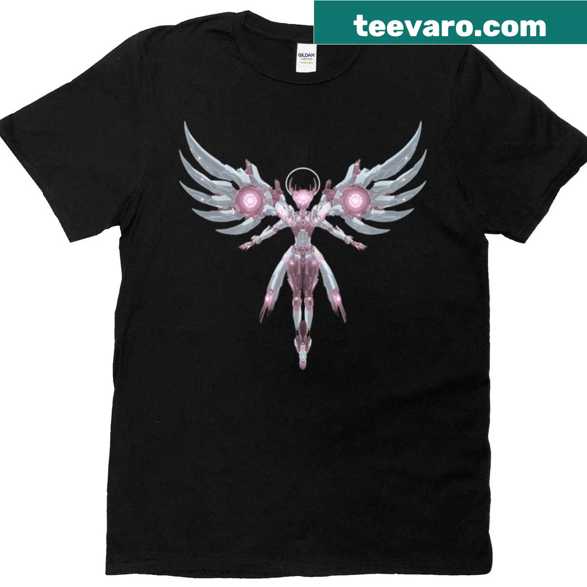Illustration of a mecha angel with six wings on an oversized T-shirt — on a men's t-shirt