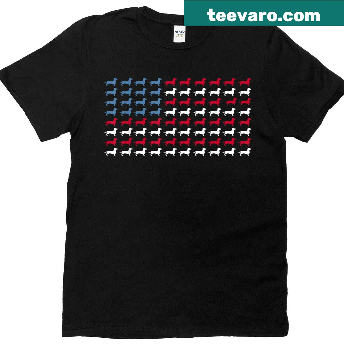 Vintage-style T-shirt featuring a patriotic dachshund with American flag — on a men's t-shirt