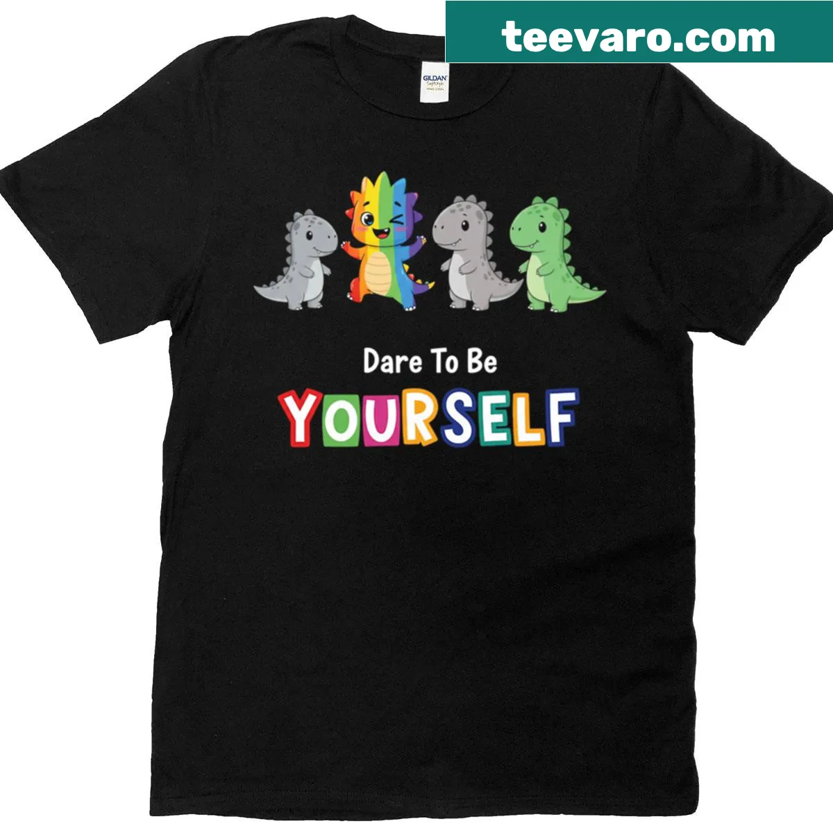 T-shirt featuring a dinosaur and the phrase 'Dare To Be Yourself' in pride colors — on a men's t-shirt