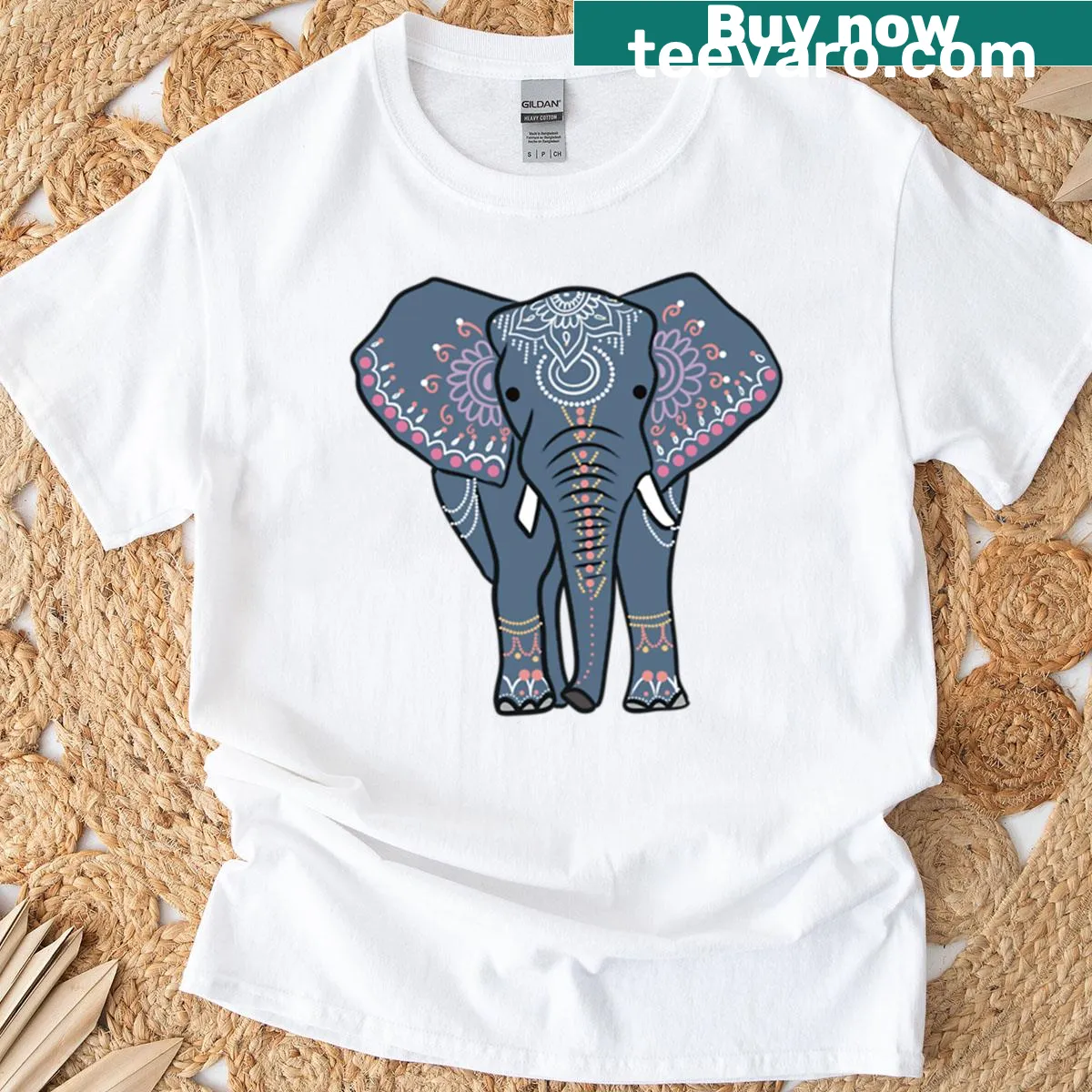 Illustrated elephant adorned with decorative patterns on a t-shirt — on a men's t-shirt