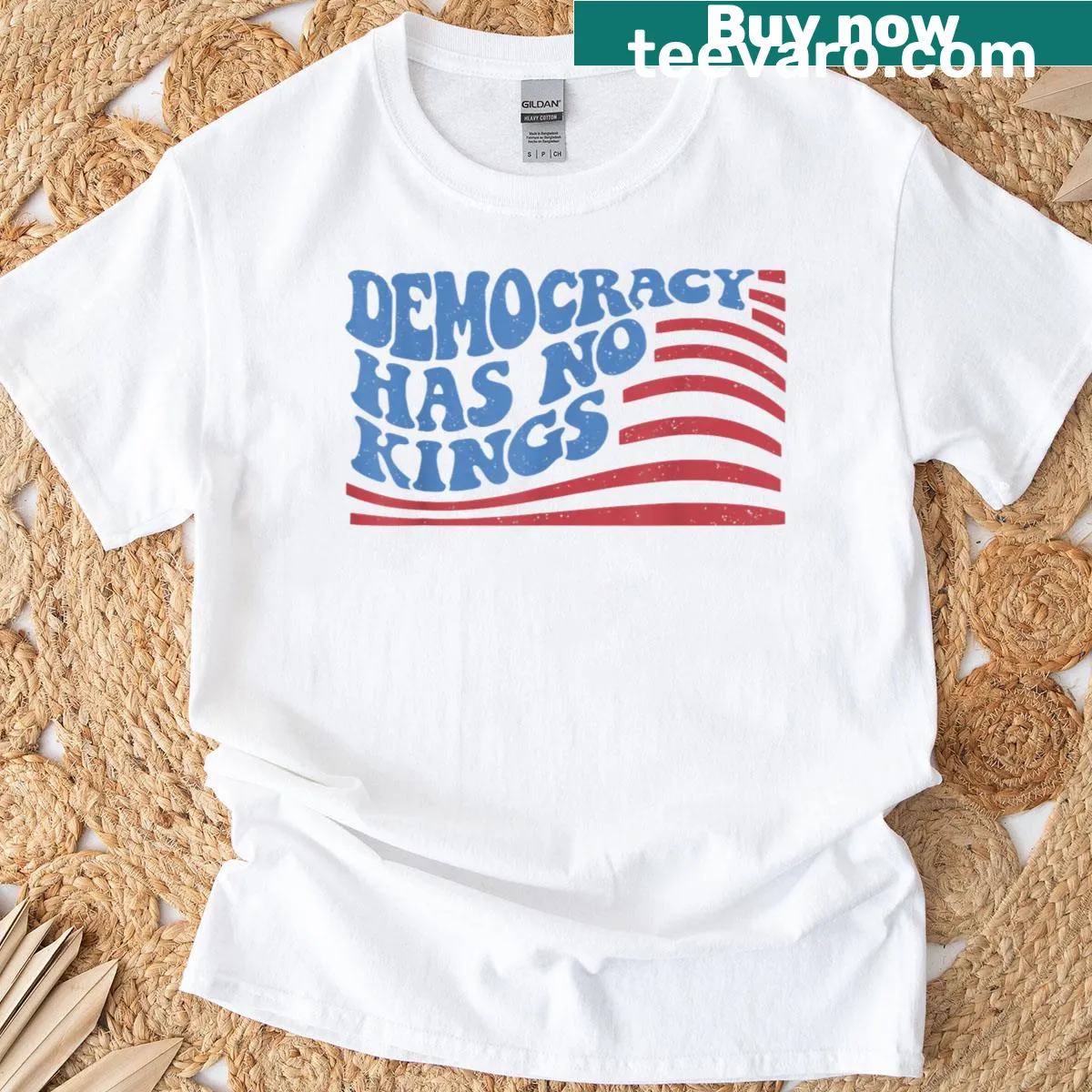 T-shirt featuring American flag and text 'Democracy Has No Kings' — on a men's t-shirt