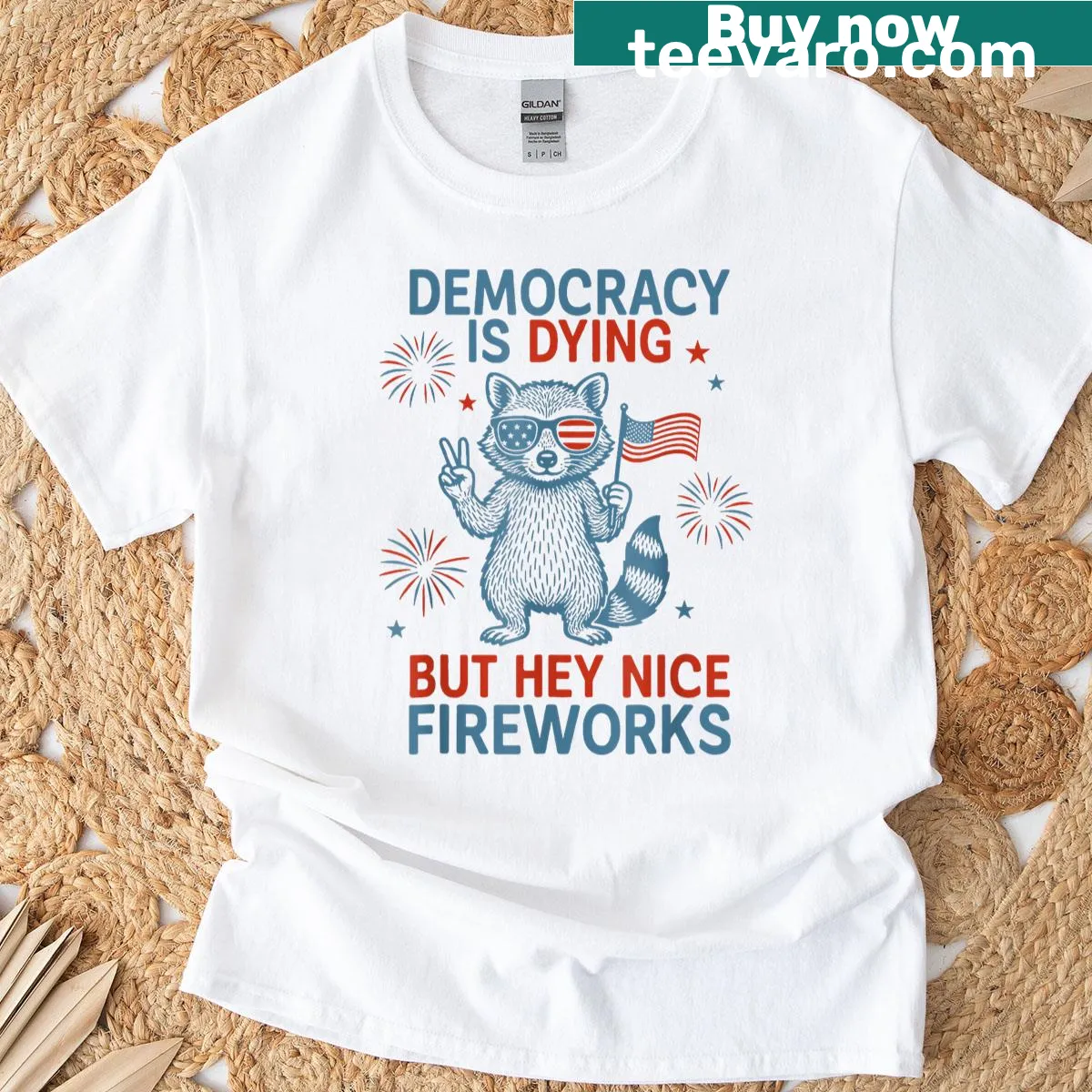 Raccoon with fireworks graphic for patriotic t-shirt — on a men's t-shirt