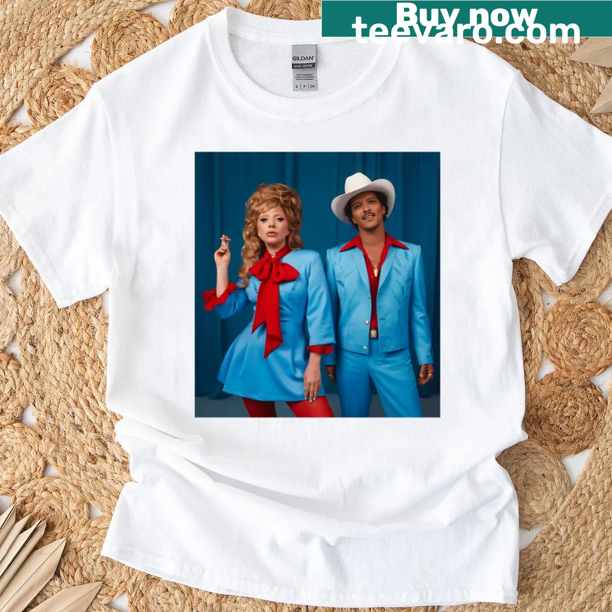 Pop art T-shirt featuring Bruno Mars and Lady Gaga design — on a men's t-shirt