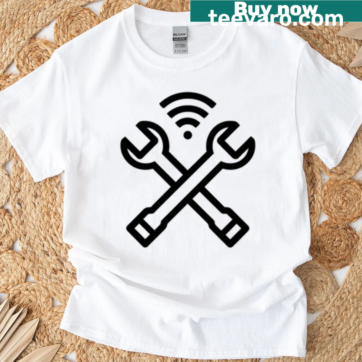 Mechanic t-shirt with crossed wrenches and Wi-Fi signal graphic — on a men's t-shirt