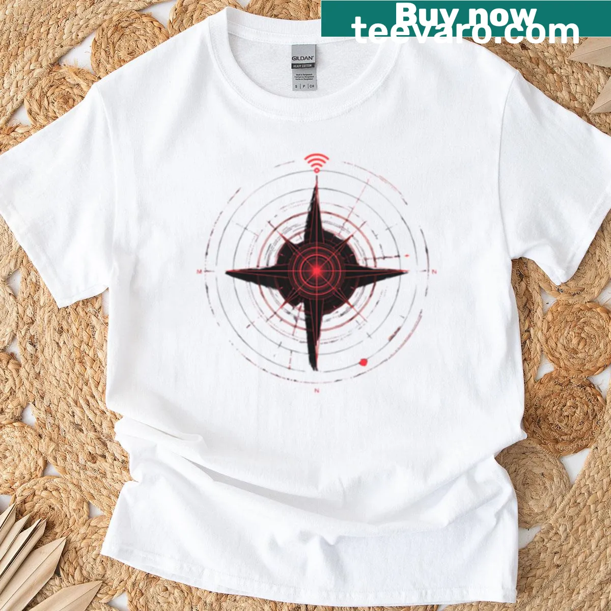 T-shirt with a futuristic compass design featuring a Wi-Fi signal — on a men's t-shirt