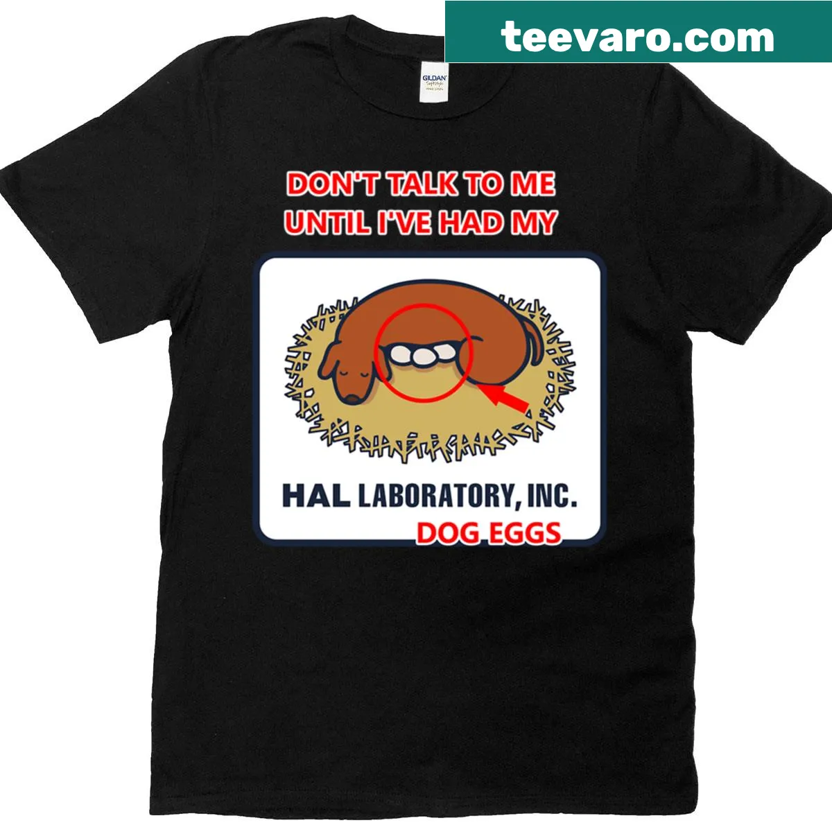 Playful T-shirt with humorous dog eggs graphic — on a men's t-shirt