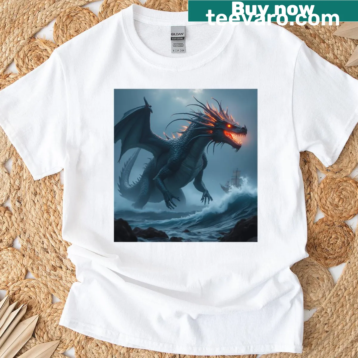T-shirt featuring an illustration of a sea dragon emerging from the ocean — on a men's t-shirt