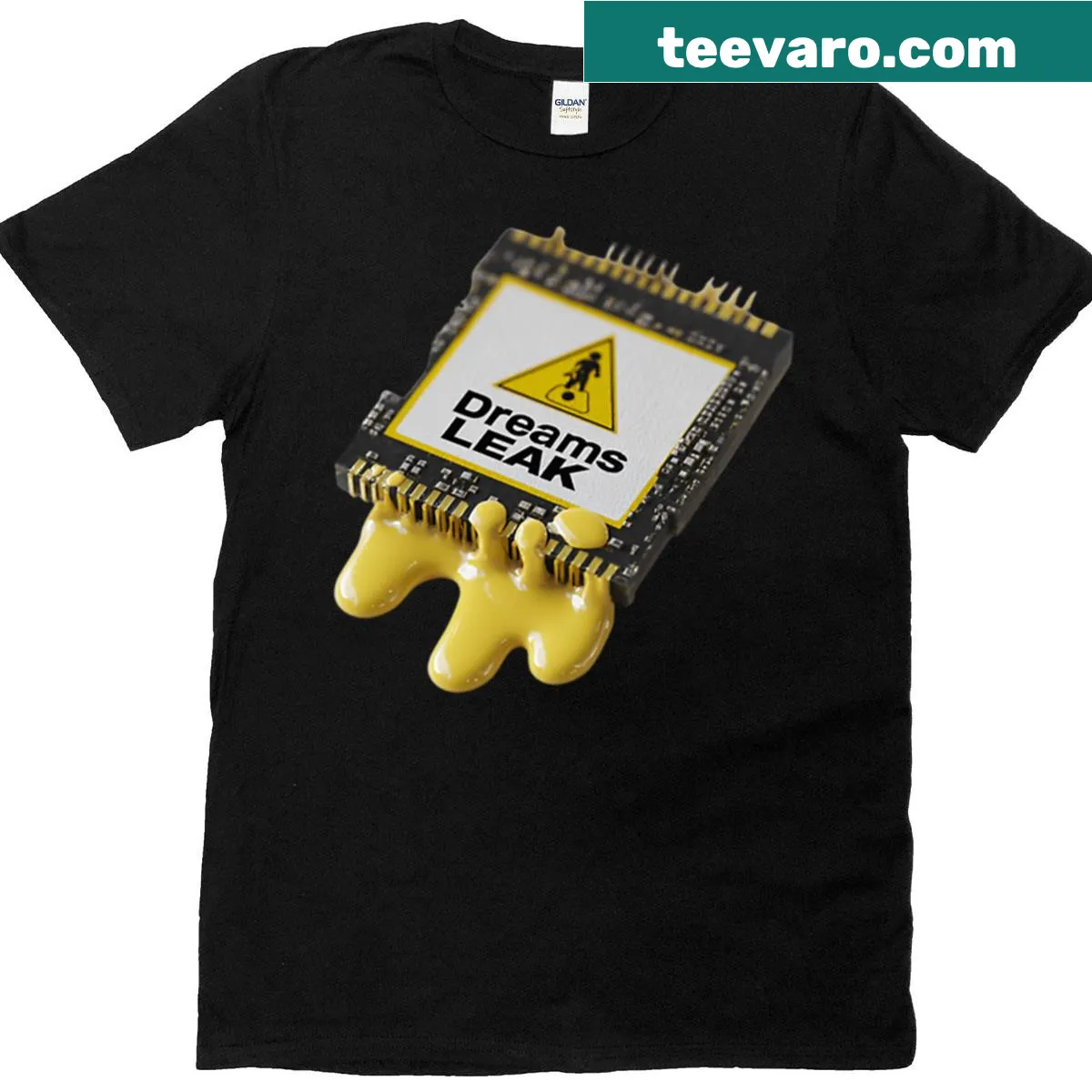 Retro warning sign t-shirt with melting memory chip design — on a men's t-shirt