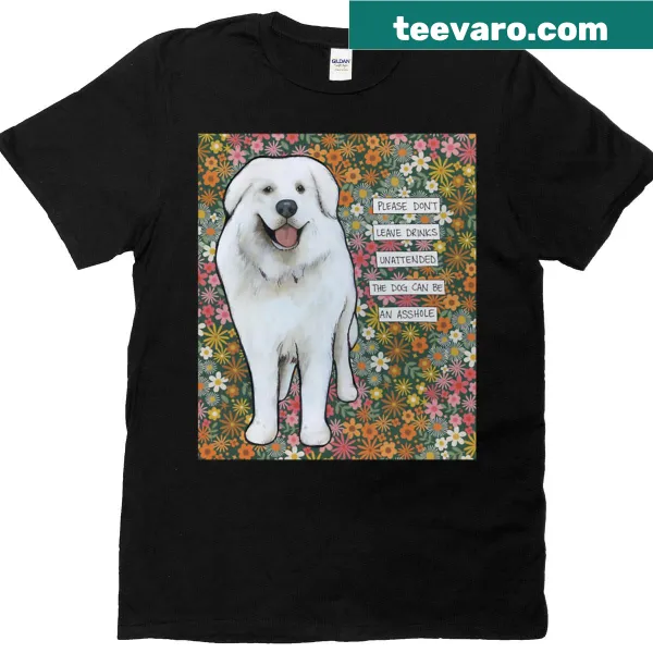 Illustrative Great Pyrenees guarding drinks on t-shirt