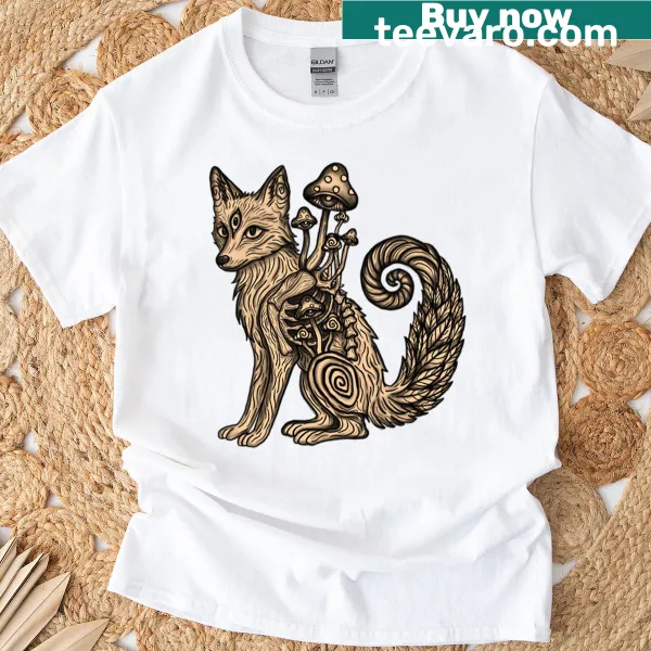 Watercolor illustration of a fox among mushrooms and ferns on a T-shirt