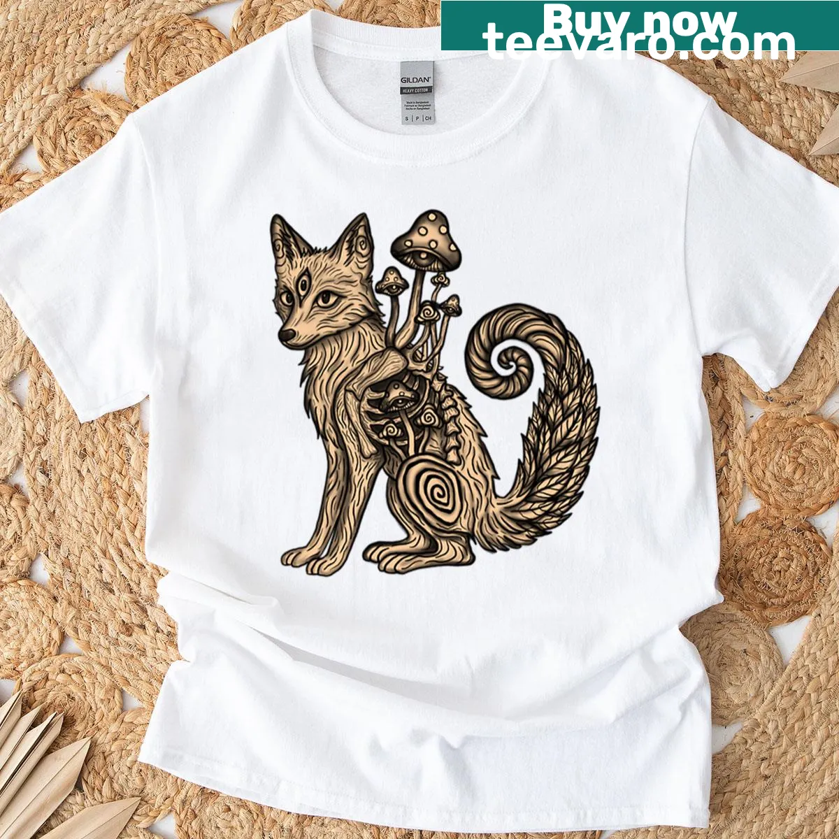 Watercolor illustration of a fox among mushrooms and ferns on a T-shirt — on a men's t-shirt