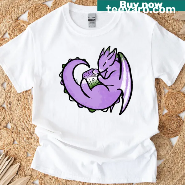 T-shirt featuring an illustrated D20 die with a dragon and moss