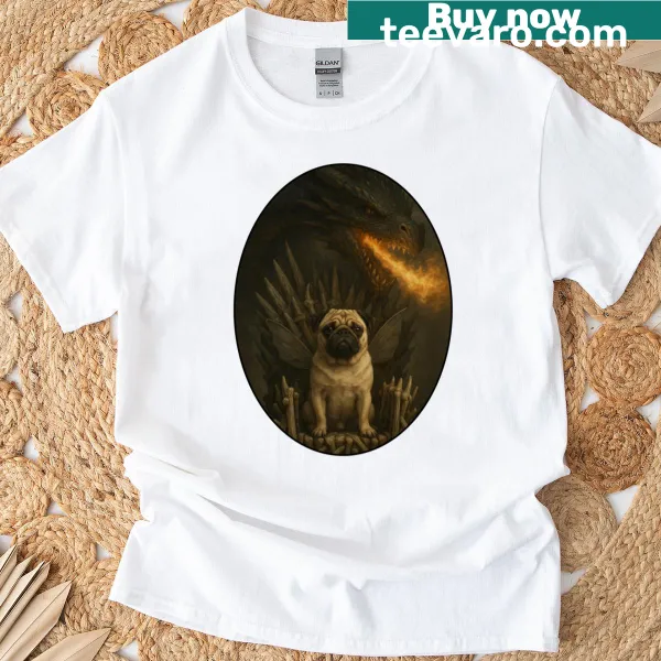 Whimsical pug illustration on oversized t-shirt