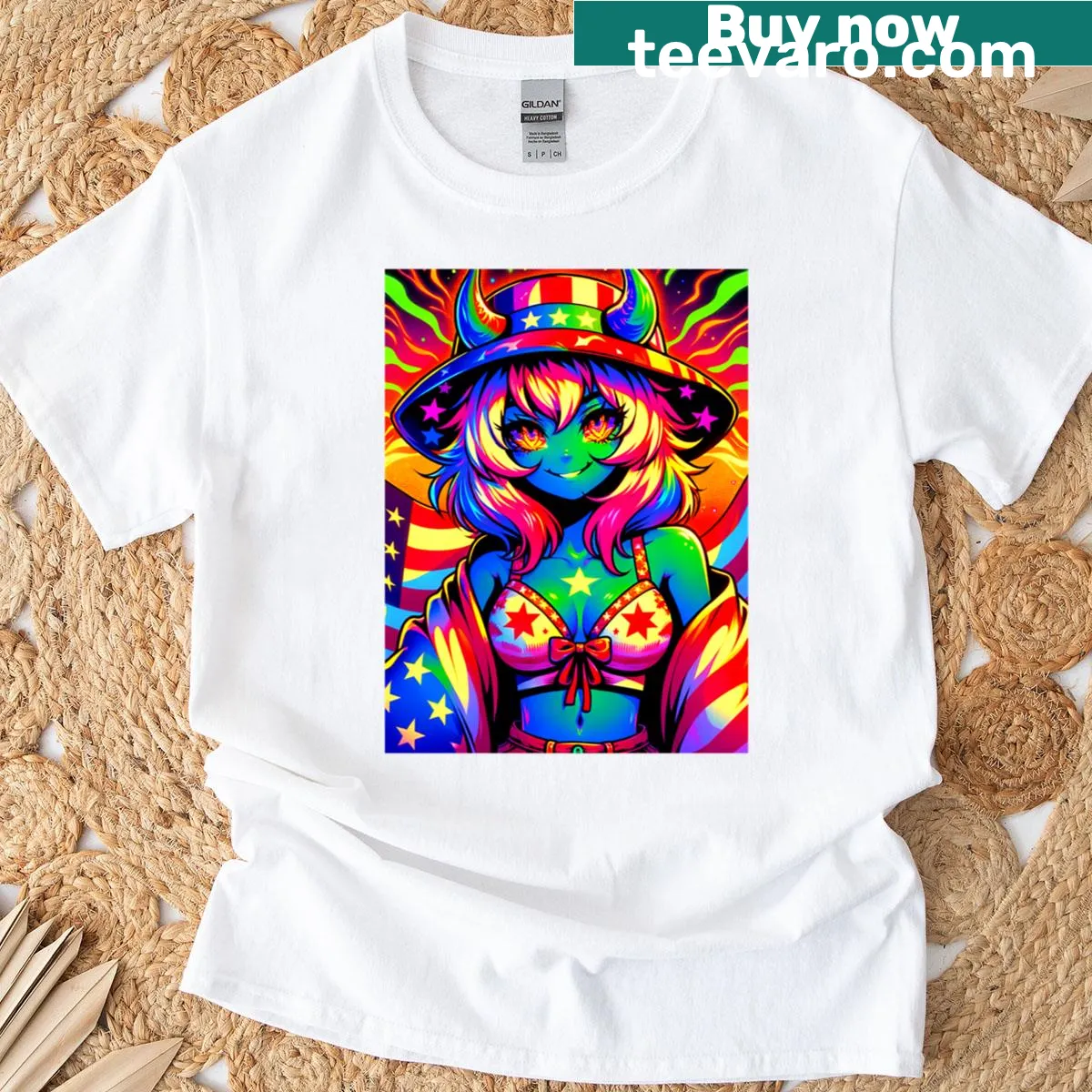 Illustration of a hot demon babe for Fourth of July on a t-shirt — on a men's t-shirt