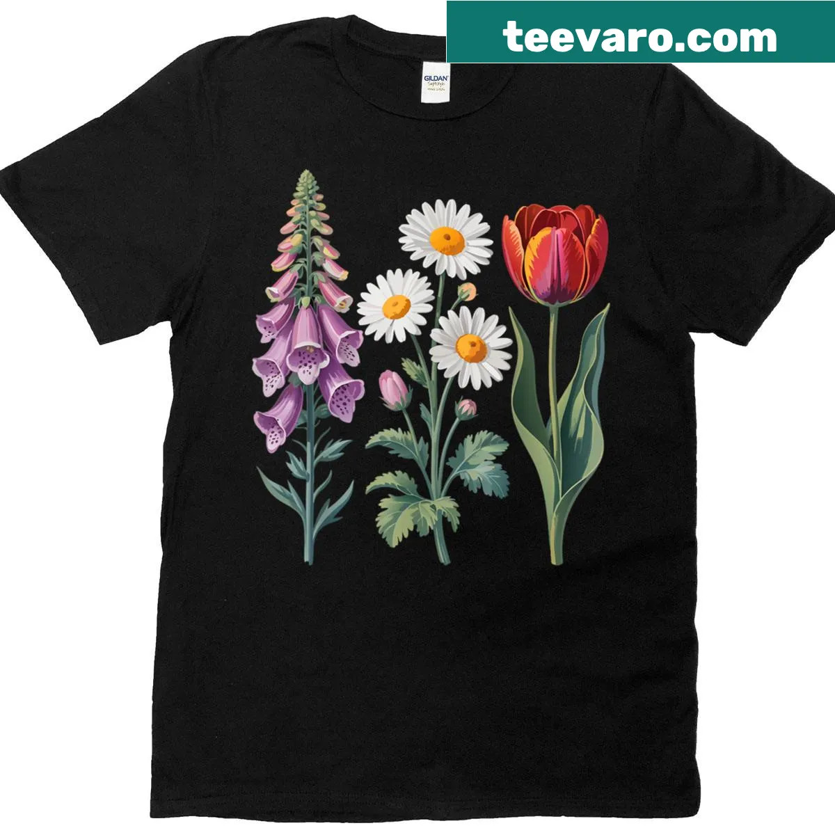 Vintage flower graphic T-shirt featuring foxglove, daisies, and tulips — on a men's t-shirt