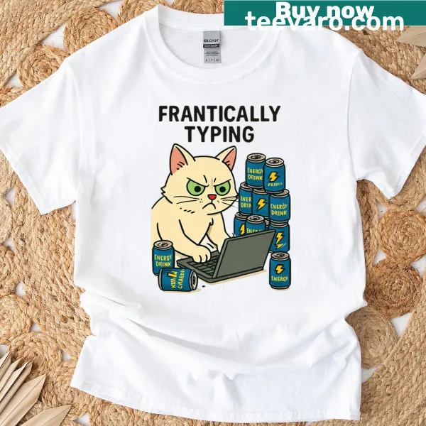 Funny digital art of a frantically typing cat with energy drinks