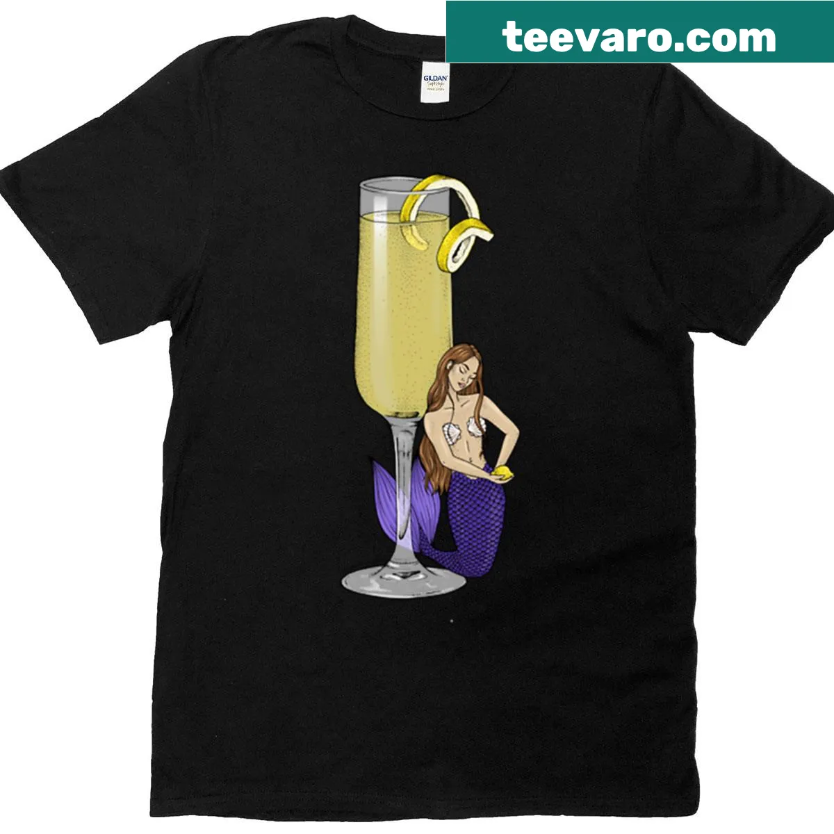 T-shirt featuring an illustration of a French 75 cocktail with a mermaid — on a men's t-shirt