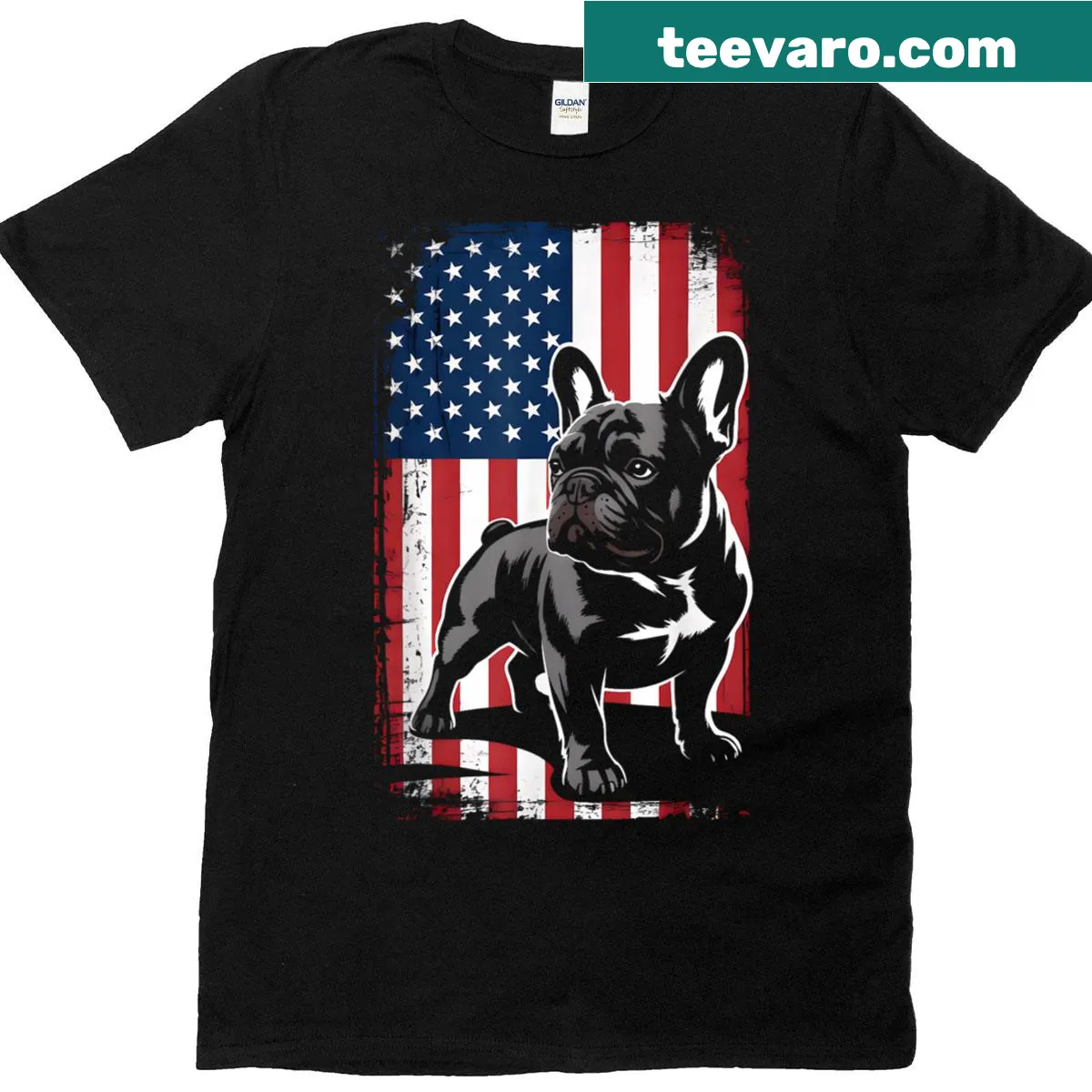 French Bulldog T-shirt with American flag design for Fourth of July — on a men's t-shirt
